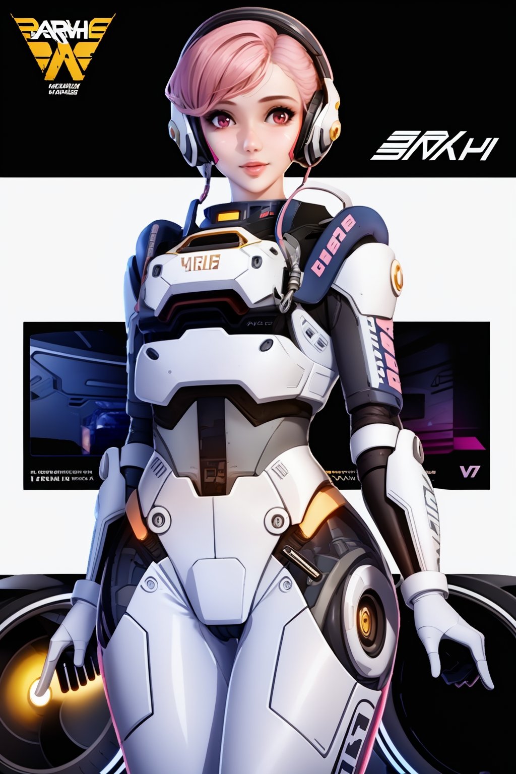 A girl, solo, white mecha pants, pink eyes, halo, short hair, white shoes, hair accessories, looking at the audience, pink hair, hair accessories, bangs, staff, clean background, mechanical wings, video card fan, gloves, white, simple background, cute, video card promoters, single, short hair, looking at the audience, smile, bangs, brown hair, gloves, half body, Parted lips, clean background, white gloves, lips, tights, headphones, Face markers, pointing, Nose, pilot suit, Beard pen, Face Paint, Mechanical core, d.va \(overwatch\), (graphics card fan :1.2), mechanical legs, graphics card promoters,,<lora:莉达:0.7>,
