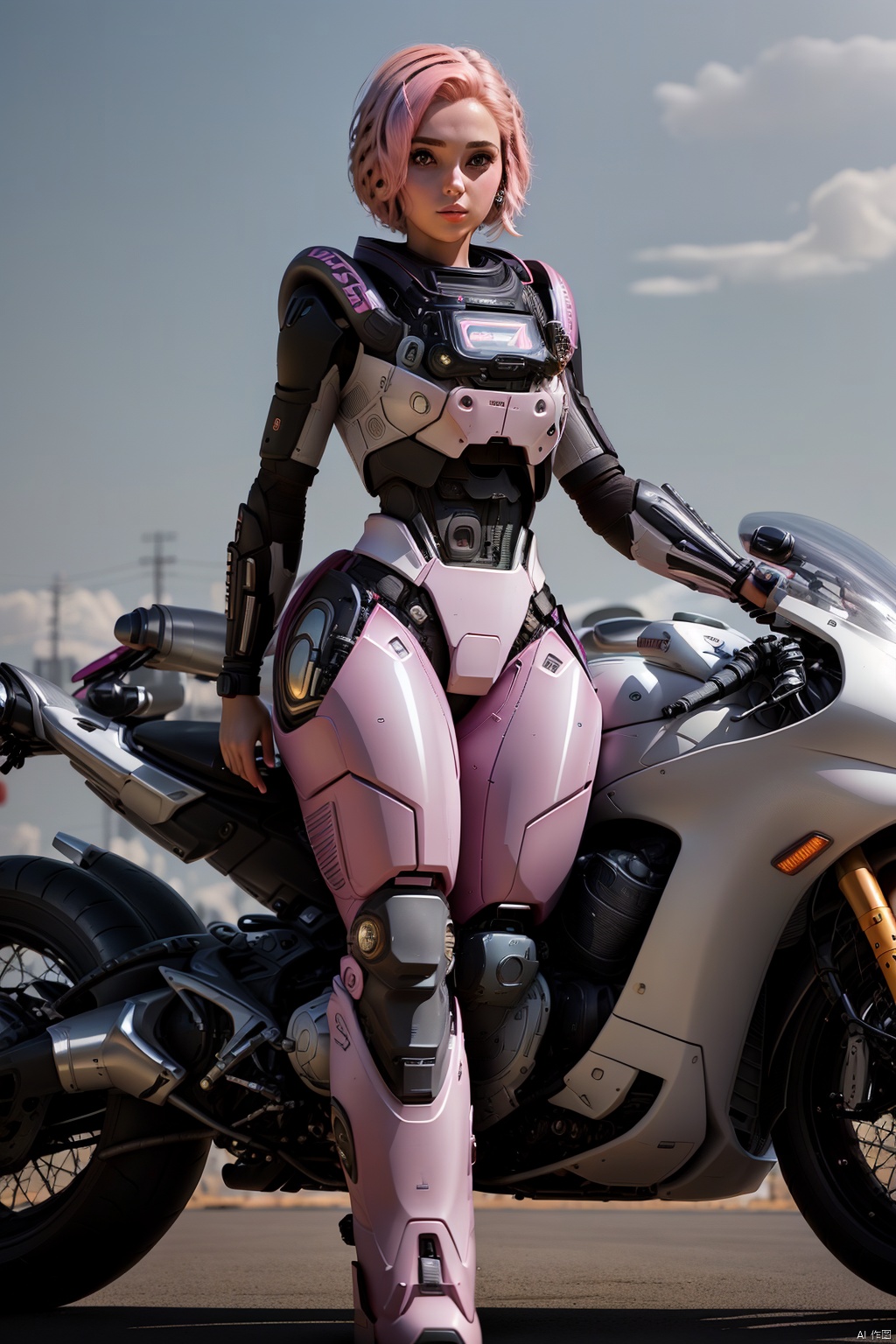  1girl, solo, looking at viewer, short hair,（ Pink eyes：1.8）, full body, pink hair, armor, lips, bodysuit, science fiction, hologram, HD,32k,,Ride a motorcycle