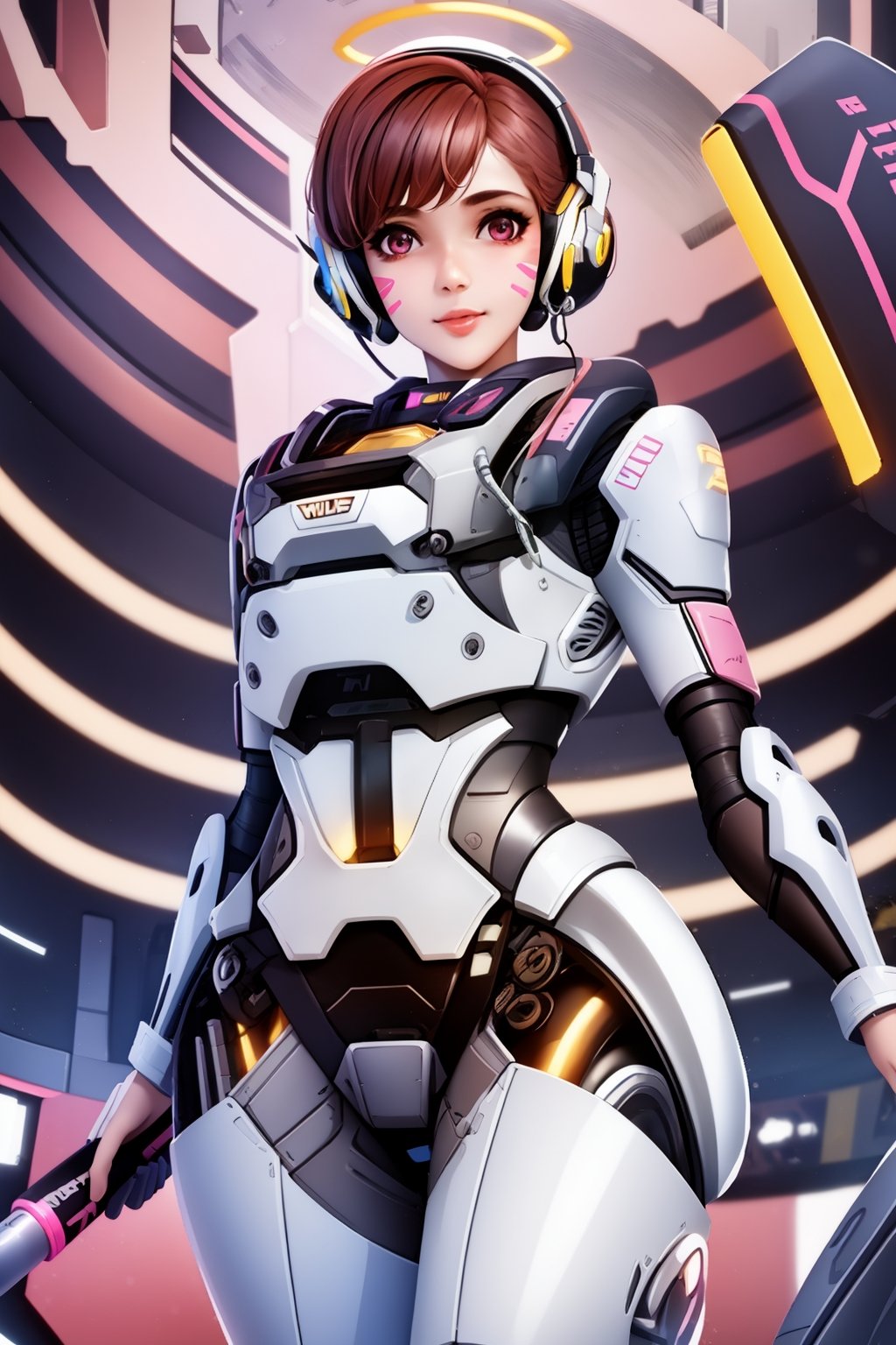 A girl, solo, white mecha pants, pink eyes, halo, short hair, white shoes, hair accessories, looking at the audience, pink hair, hair accessories, bangs, staff, clean background, mechanical wings, video card fan, gloves, white, simple background, cute, video card promoters, single, short hair, looking at the audience, smile, bangs, brown hair, gloves, half body, Parted lips, clean background, white gloves, lips, tights, headphones, Face markers, pointing, Nose, pilot suit, Beard pen, Face Paint, Mechanical core, d.va \(overwatch\), (graphics card fan :1.2), mechanical legs, graphics card promoters,,<lora:莉达:0.7>,