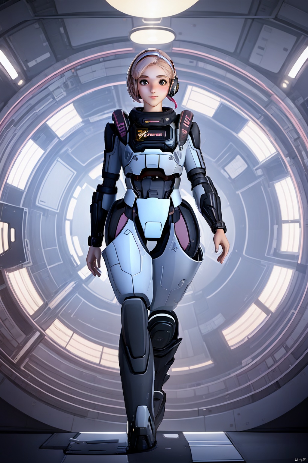 1 girl, solo, in the audience, short hair, full body, （pink hair：1.2）, armor, tights, science fiction, glowing ring behind giant clock shape, HD,32k,,