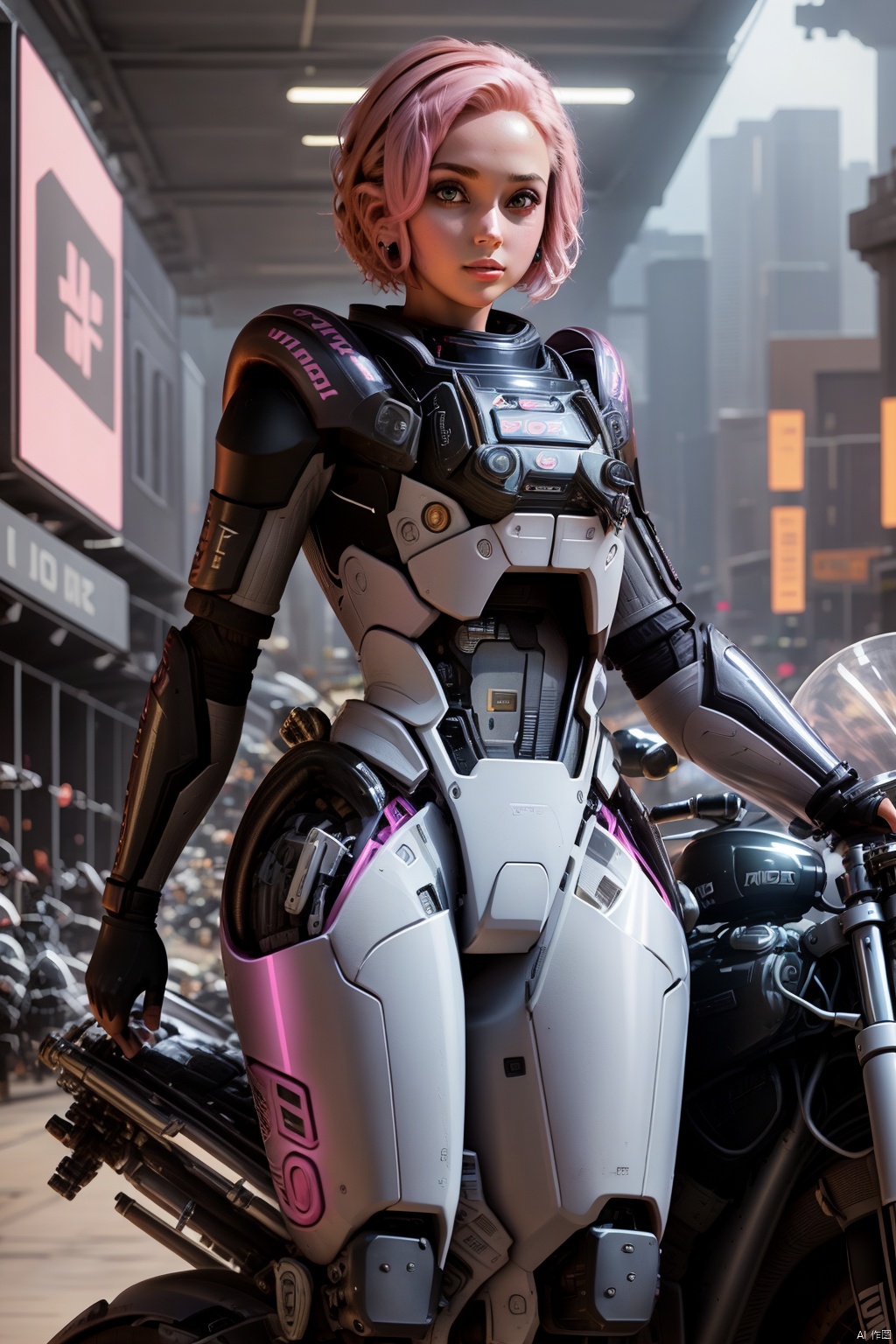  1girl, solo, looking at viewer, short hair,（ Pink eyes：1.8）, full body, pink hair, armor, lips, bodysuit, science fiction, hologram, HD,32k,,Ride a motorcycle