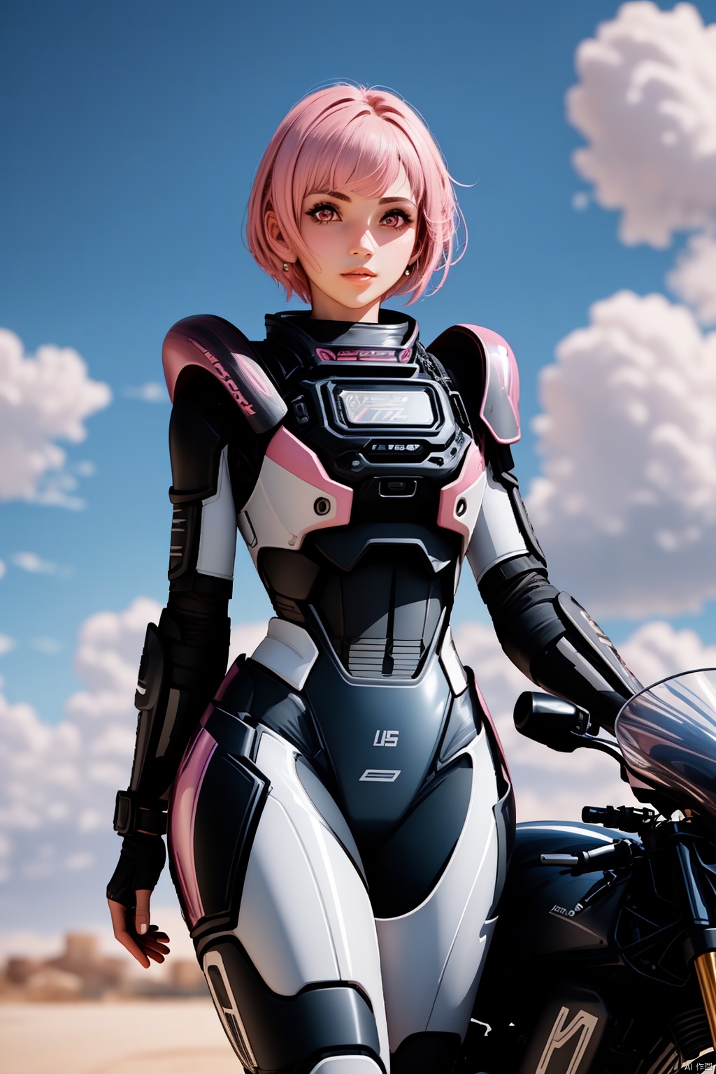  1girl, solo, looking at viewer, short hair,（ Pink eyes：1.8）, full body, pink hair, armor, lips, bodysuit, science fiction, hologram, HD,32k,,Ride a motorcycle