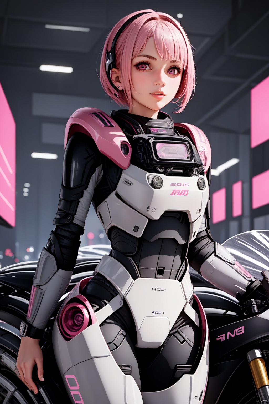  1girl, solo, looking at viewer, short hair,（ Pink eyes：1.8）, full body, pink hair, armor, lips, bodysuit, science fiction, hologram, HD,32k,,Ride a motorcycle