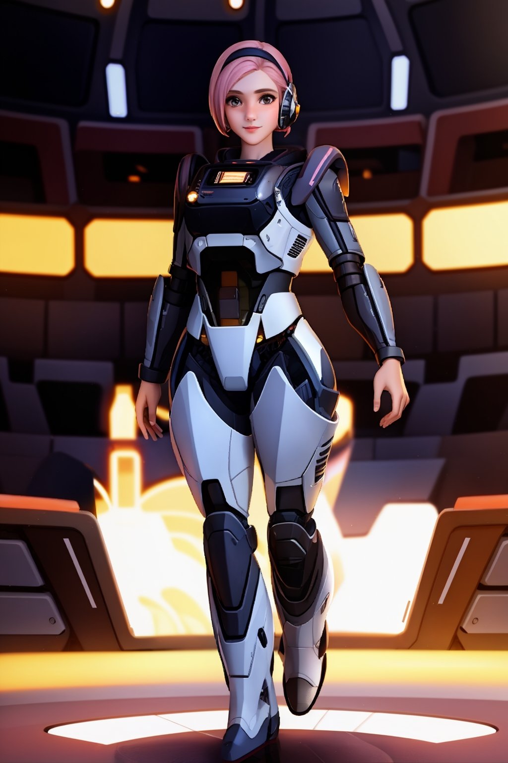 1 girl,solo,in the audience,short hair,full body,pink hair,armor,tights,science fiction,glowing ring behind giant clock shape,HD,32k,<lora:莉达:0.7>,