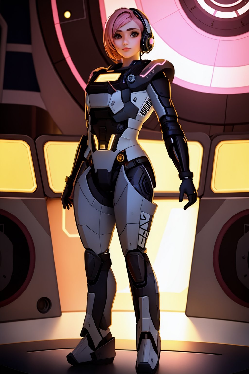 1 girl,solo,in the audience,short hair,full body,pink hair,armor,tights,science fiction,glowing ring behind giant clock shape,HD,32k,<lora:莉达:0.7>,