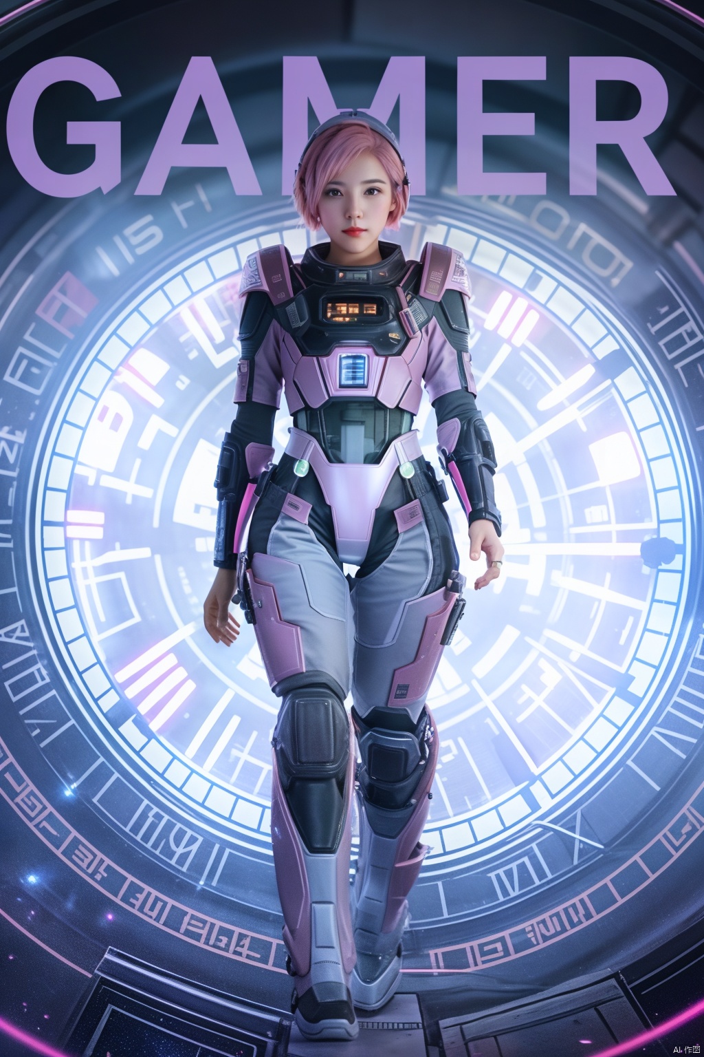 1 girl,  solo,  in the audience,  short hair,  full body, （ pink hair）,  armor,  tights,  science fiction,  glowing ring behind giant clock shape,  HD, 32k,<lora:EMS-268404-EMS:0.300000>