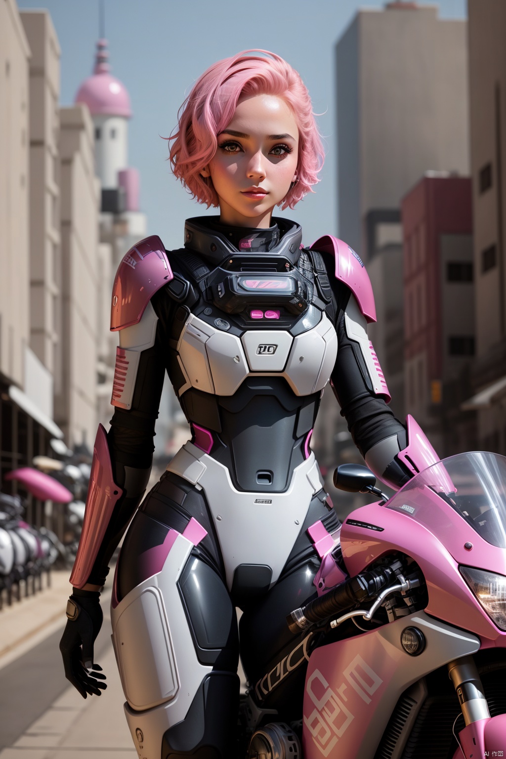  1girl, solo, looking at viewer, short hair,（ Pink eyes：1.8）, full body, pink hair, armor, lips, bodysuit, science fiction, hologram, HD,32k,,Ride a motorcycle