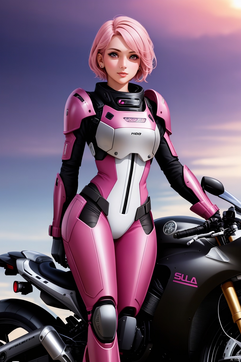 1girl, solo, looking at viewer, short hair,（ Pink eyes：1.8）, full body, pink hair, armor, lips, bodysuit, science fiction, hologram, HD,32k,,Ride a motorcycle
