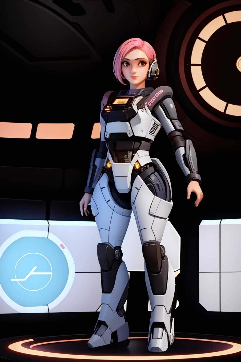 1 girl, solo, in the audience, short hair, full body, pink hair, armor, tights, science fiction, glowing ring behind giant clock shape, HD, 32k,<lora:莉达:0.7>,