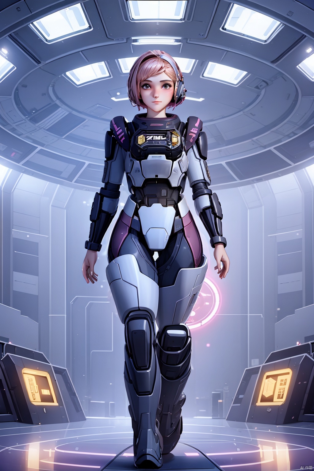  1 girl, solo, in the audience, short hair, full body, pink hair, armor, tights, science fiction, glowing ring behind giant clock shape, HD,32k,,