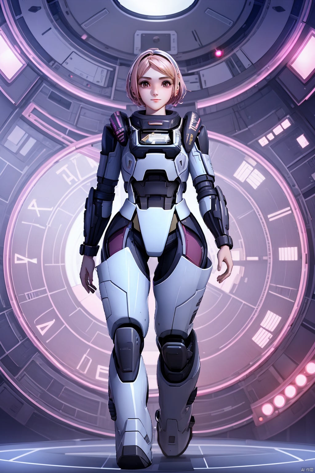  1 girl, solo, in the audience, short hair, full body, pink hair, armor, tights, science fiction, glowing ring behind giant clock shape, HD,32k,,