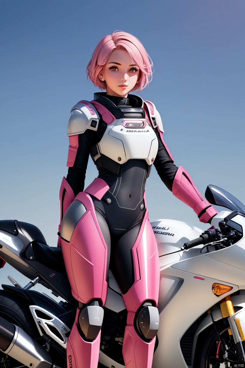  1girl, solo, looking at viewer, short hair,（ Pink eyes：1.8）, full body, pink hair, armor, lips, bodysuit, science fiction, hologram, HD,32k,,Ride a motorcycle