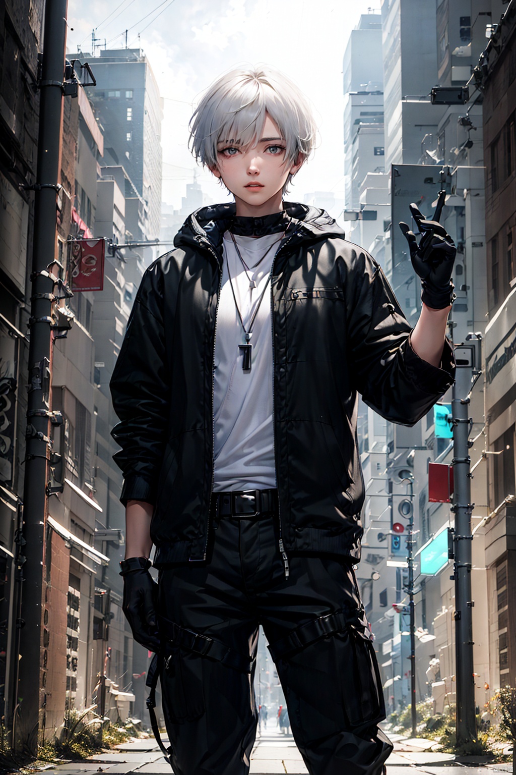  solo, looking at viewer, short hair, bangs, shirt, gloves, 1boy, jewelry, standing, jacket, white shirt, white hair, male focus, outdoors, parted lips, open clothes, black gloves, pants, hood, necklace, arm up, open jacket, black jacket, grey eyes, black pants, building, dog tags