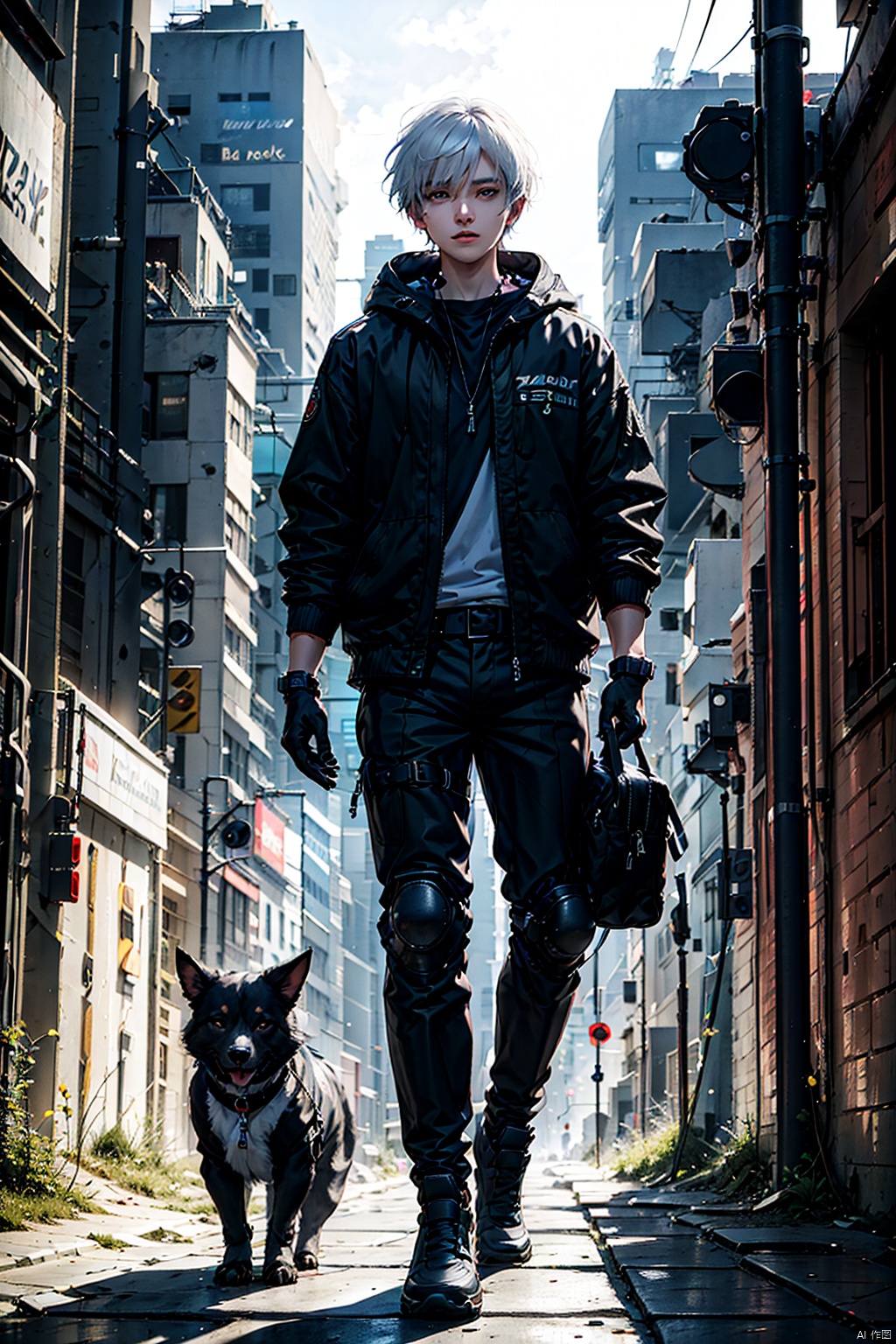 solo, looking at viewer, short hair, bangs, shirt, gloves, 1boy, jewelry, standing, jacket, white shirt, white hair, male focus, outdoors, parted lips, open clothes, black gloves, pants, hood, necklace, arm up, open jacket, black jacket, grey eyes, black pants, building, dog tags