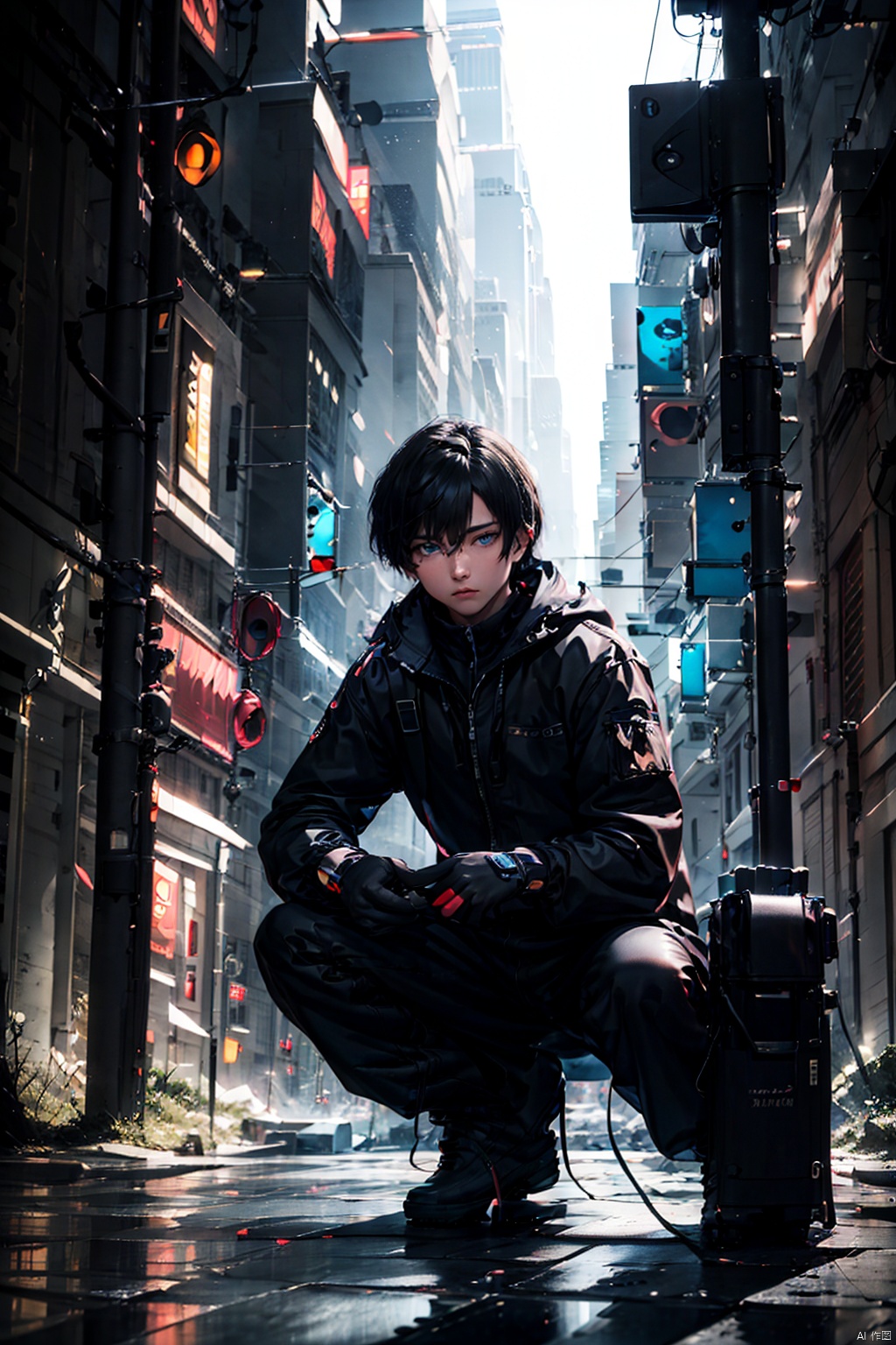 solo, looking at viewer, short hair, blue eyes, black hair, gloves, 1boy, holding, hair between eyes, sitting, jacket, male focus, outdoors, black gloves, pants, black jacket, black pants, squatting, ground vehicle, building, motor vehicle, zipper, reflection, city, camera, holding camera