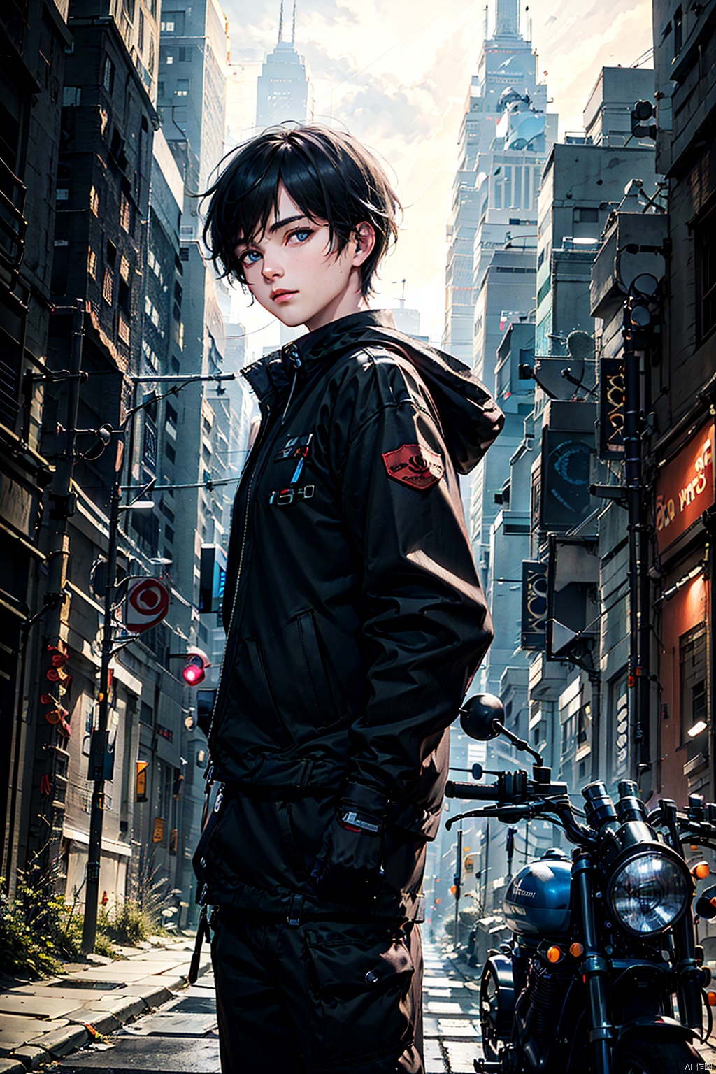 solo, looking at viewer, short hair, bangs, blue eyes, black hair, gloves, 1boy, holding, jewelry, closed mouth, standing, jacket, white hair, male focus, multicolored hair, cowboy shot, outdoors, black gloves, belt, pants, two-tone hair, black jacket, black pants, letterboxed, ground vehicle, building, motor vehicle, city, motorcycle