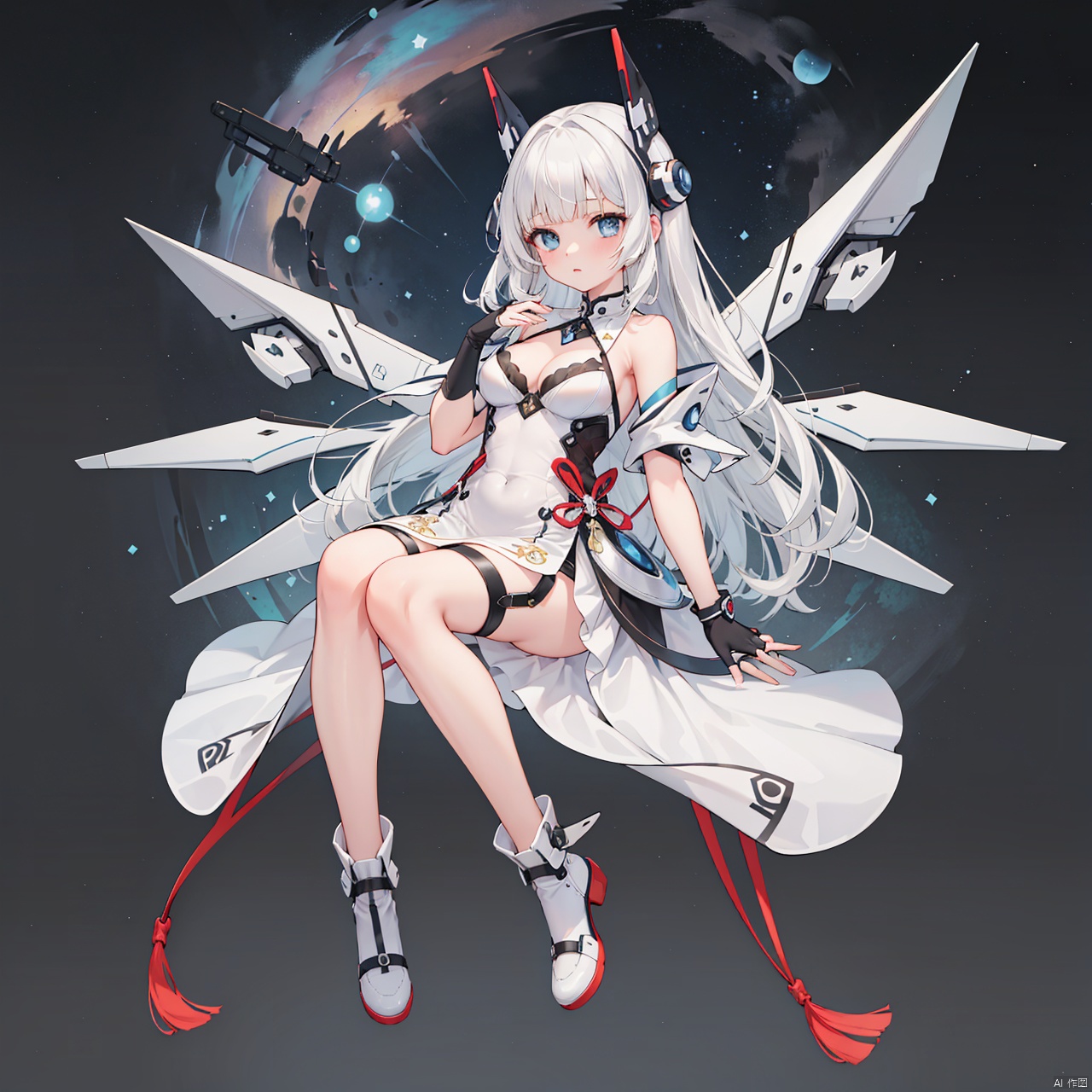  masterpiece, best quality, 1girl, Tianqi Ji,solo, long hair, breasts, bangs, blue eyes, gloves, dress, bare shoulders, white hair, boots, wings, fingerless gloves, white dress, headgear, white footwear, mecha musume,Starry sky,Observe,