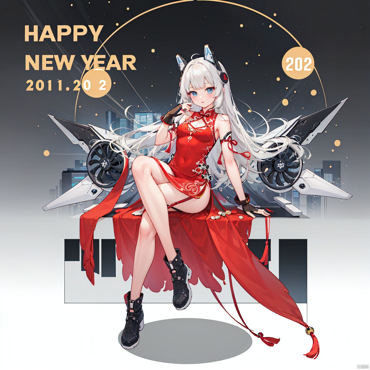  masterpiece, best quality, 1girl, Tianqi Ji,solo, long hair, breasts, bangs, blue eyes, gloves, dress, bare shoulders, white hair, boots, wings, fingerless gloves, headgear, footwear, mecha musume,(New year),(Red cheongsam),((In 2024)),
