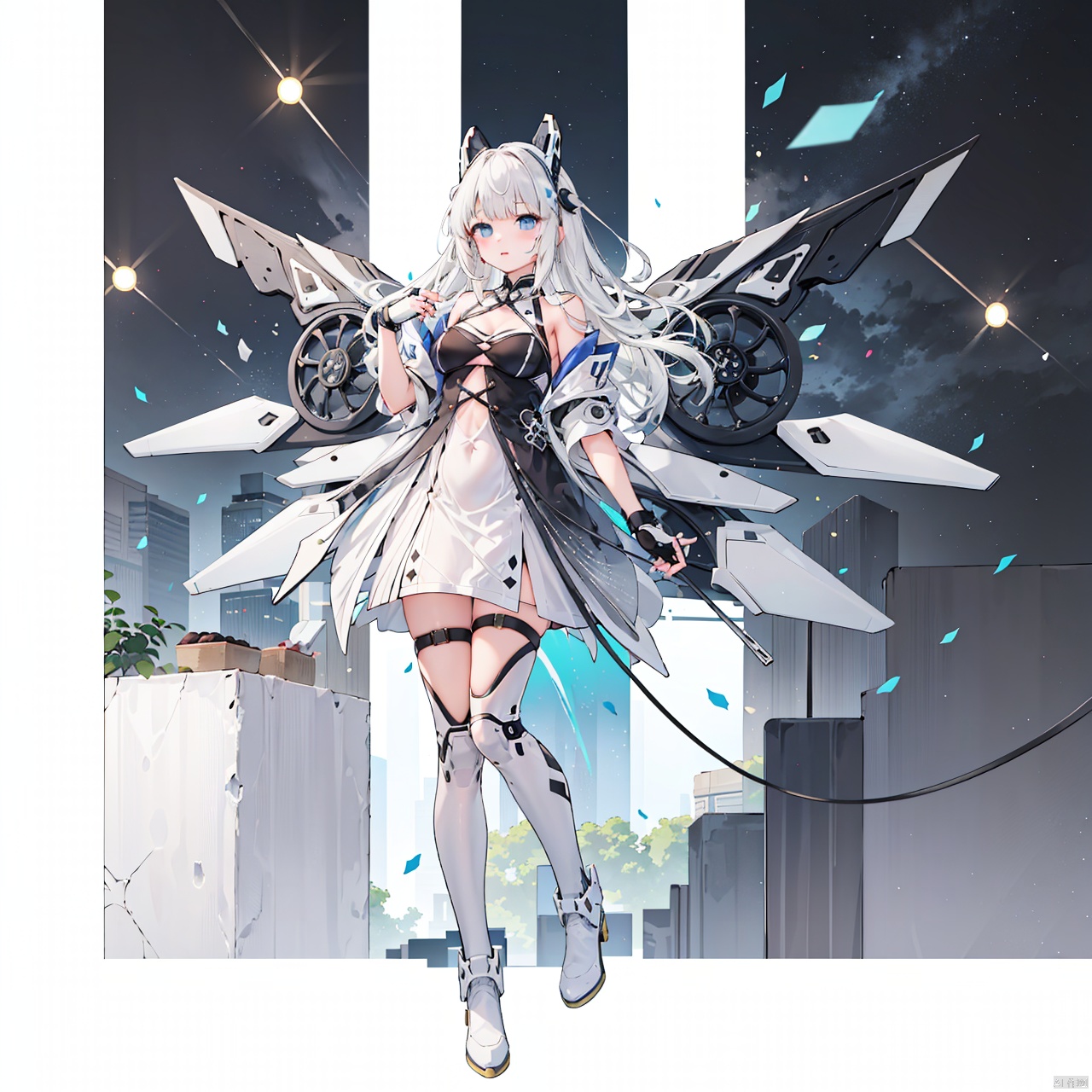  masterpiece, best quality, 1girl, Tianqi Ji,solo, long hair, breasts, bangs, blue eyes, gloves, dress, bare shoulders, full body, white hair, boots, wings, fingerless gloves, white dress, headgear, white footwear, mecha musume,Festivals,Celebration,