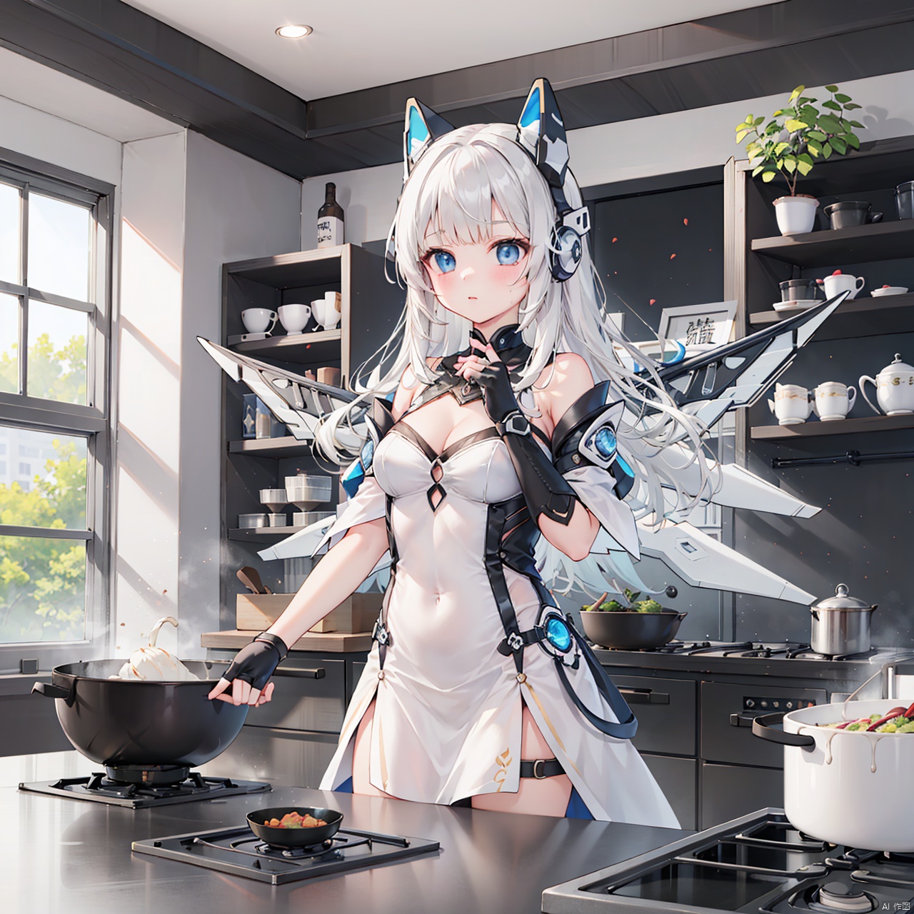  masterpiece, best quality, 1girl, Tianqi Ji,solo, long hair, breasts, bangs, blue eyes, gloves, dress, bare shoulders, white hair, boots, wings, fingerless gloves, white dress, headgear, white footwear, mecha musume,At home,(Cooking),