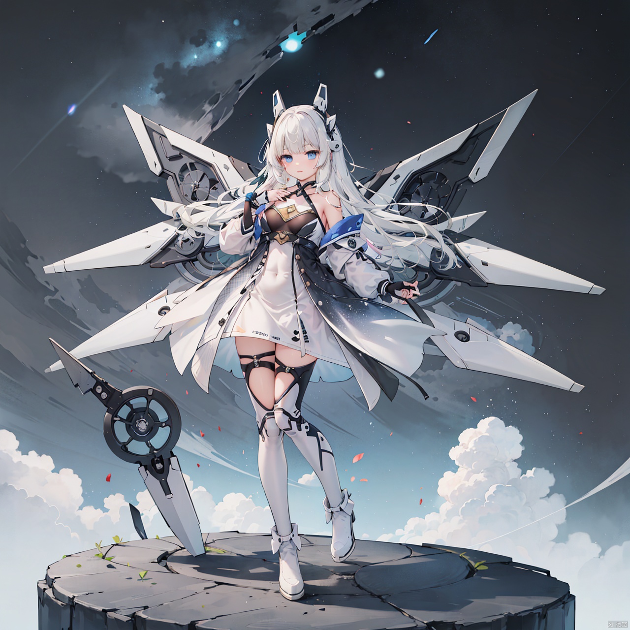  masterpiece, best quality, 1girl, Tianqi Ji,solo, long hair, breasts, bangs, blue eyes, gloves, dress, bare shoulders, white hair, boots, wings, fingerless gloves, white dress, headgear, white footwear, mecha musume,Starry sky,Observe,