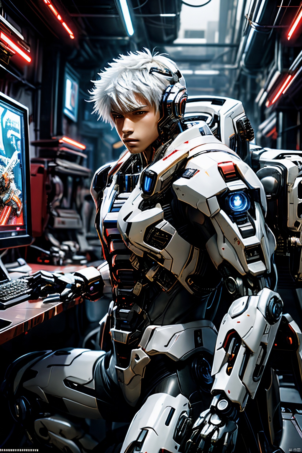  anime artwork young boy \(cyberpunk\), young boy, (spiked white hair), playing computer games,cyberpunk, from side, dramatic, key visual, vibrant, highly detailed, Mecha