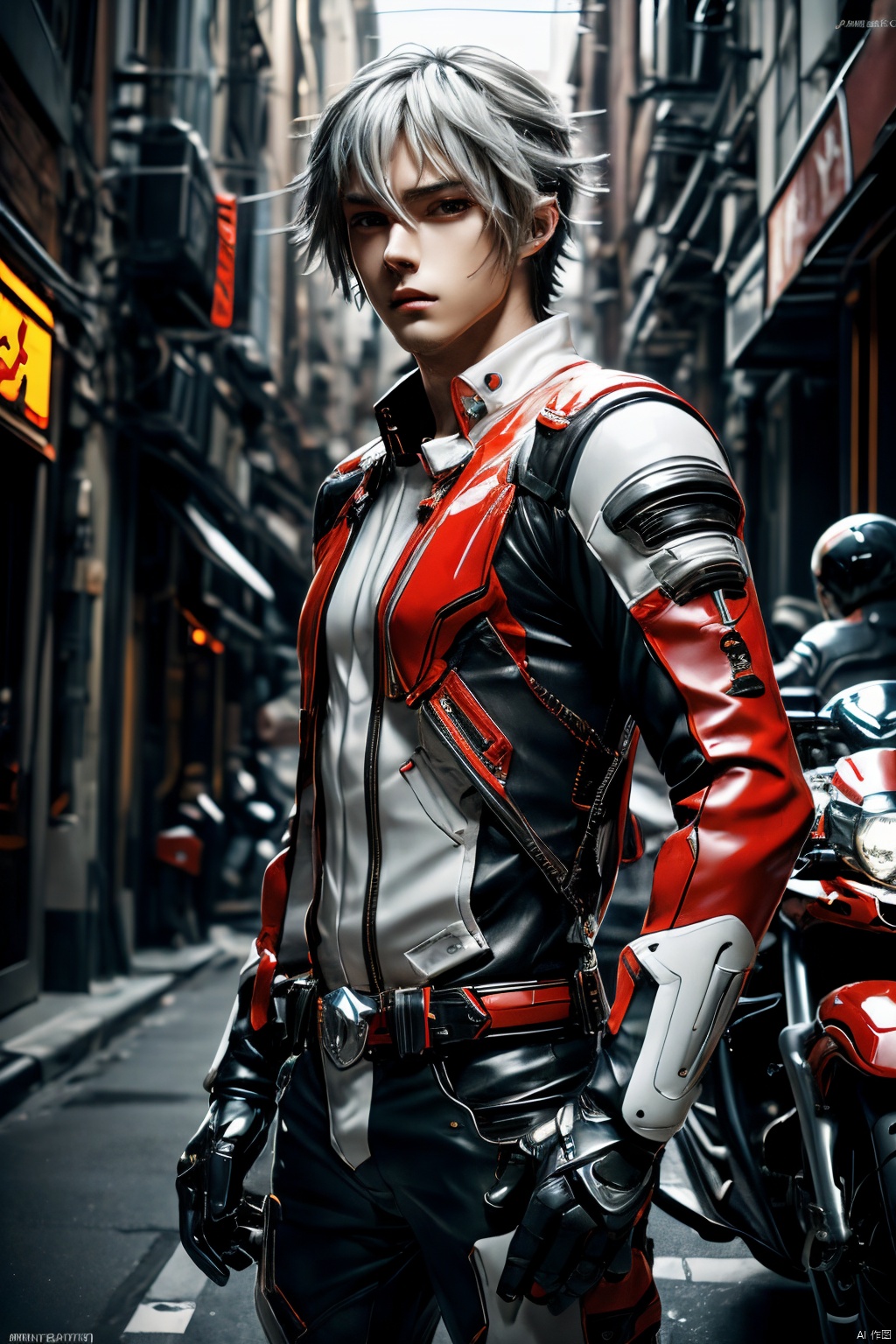  anime style, A cool young man, handsome, motorcycle, short_silver_hair , male avatar, punk, Dragon element, Red, in the style of anime-inspired characters, richly layered, gray and crimson, close up, in the style of anime art, anime artwork
