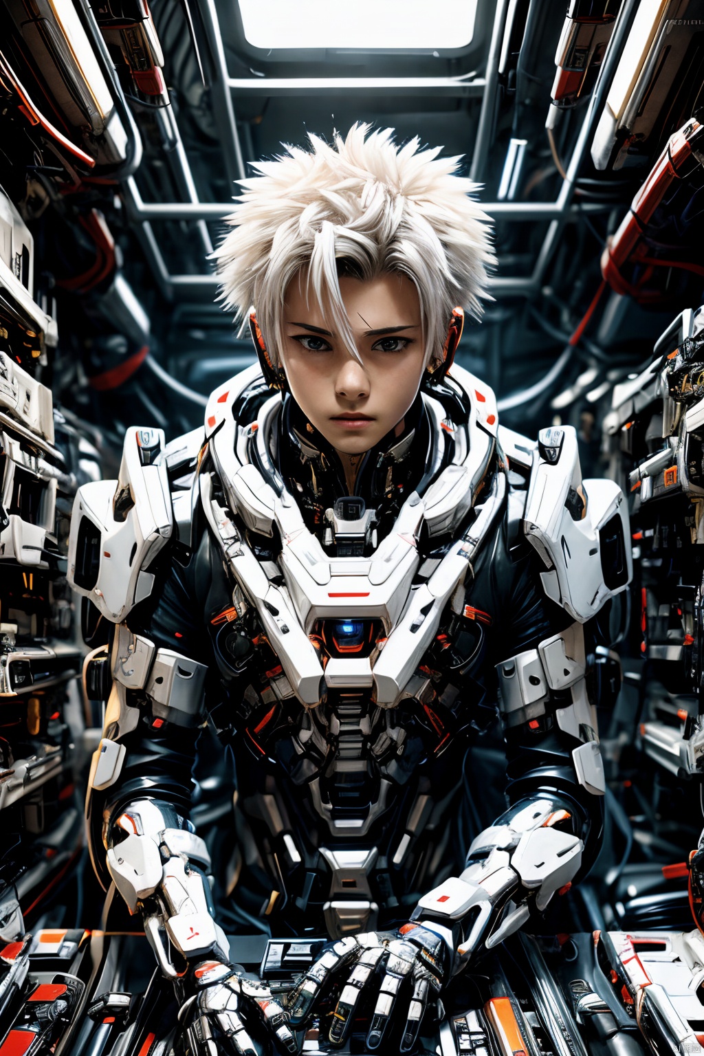  anime artwork young boy \(cyberpunk\), young boy, (spiked white hair), playing computer , colorful, clutter, ultra detailed, mysterious, scary, perfect environment, cinematic lighting, product photography, unreal engine, 8K, Mecha
