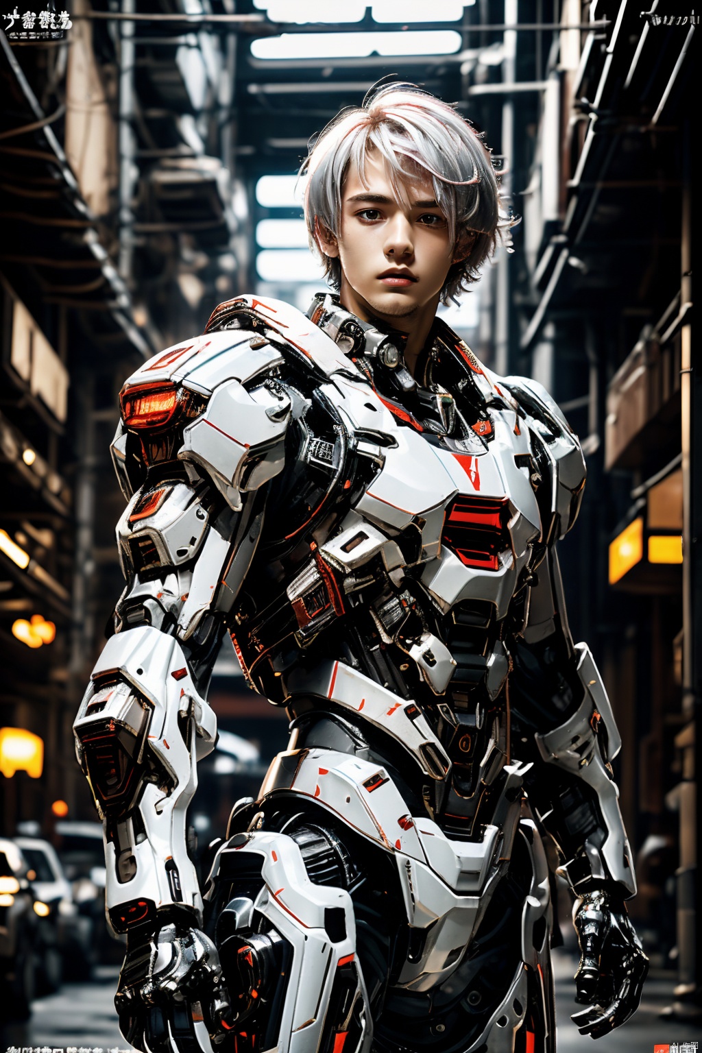  photo of young boy\(20 years old\):1.5) with Red Mecha, silver hair, handsome, upper body, breathtaking, ,Cyberpunk background