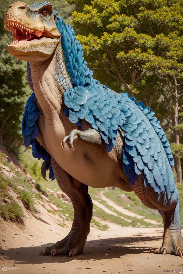  （Dinosaurs）, T. rex, Jurassic era, crocodile eyes, blue feathers, sides, strong tail , attack state, sharp clades, ((Best quality)),((Best quality)),((realistic)),((exterior view)),photo realistic,(masterpiece),orante,super detailed,intricate,photo Inimage, quality, Dinosaurs