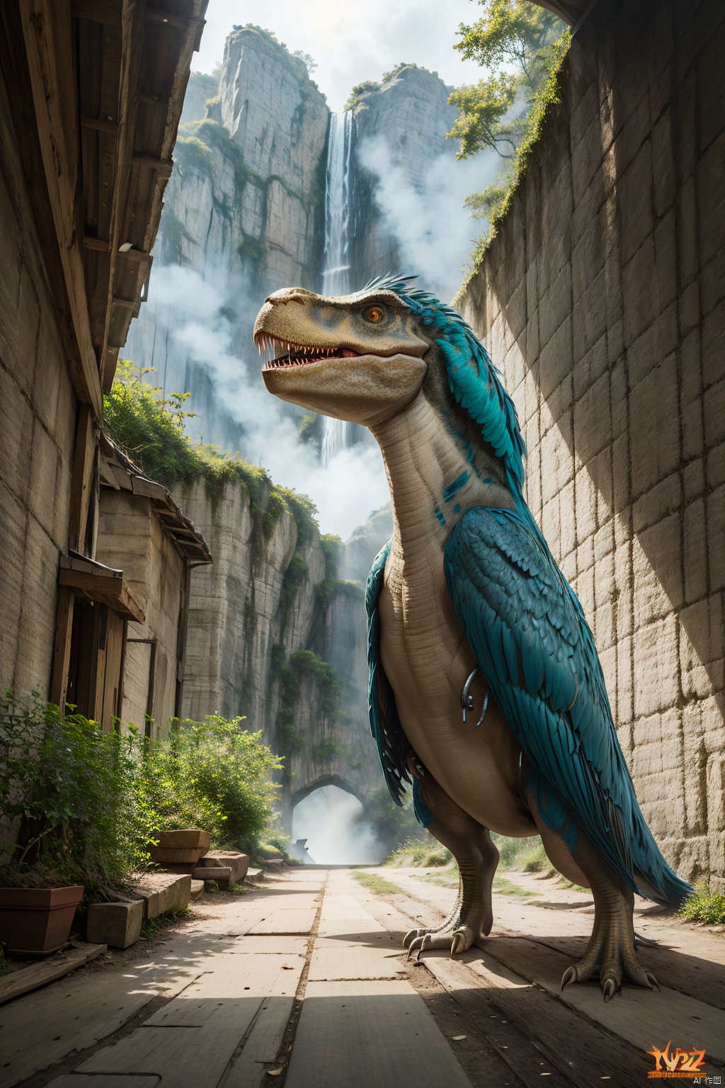 （Dinosaurs）, T. rex, Jurassic, huge body, eyes of vertical line pupils, blue-green feathers covering upper body and tail, sides, strong tail strike, attack state, sharp claws, , a sense of solitude, petals,Surrealistic imagery, dreamlike atmosphere, vibrant and contrasting colors, intricate and detailed elements,(Tyndall effect:1.2),((Best quality)),((Best quality)),((realistic)),((exterior view)),photo realistic,(masterpiece),orante,super detailed,intricate,photo like image quality, future, Indo, pz
