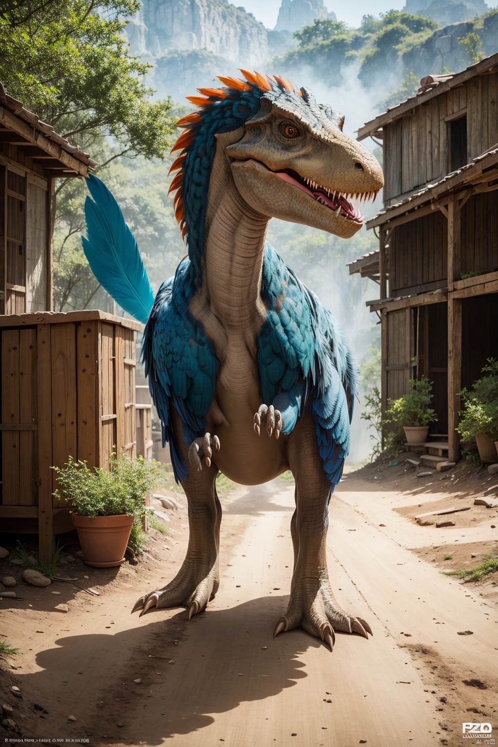 （Dinosaurs）, T. rex, Jurassic, huge body, eyes of vertical line pupils, blue-green feathers covering upper body and tail, sides, strong tail strike, attack state, sharp claws, , a sense of solitude, petals,Surrealistic imagery, dreamlike atmosphere, vibrant and contrasting colors, intricate and detailed elements,(Tyndall effect:1.2),((Best quality)),((Best quality)),((realistic)),((exterior view)),photo realistic,(masterpiece),orante,super detailed,intricate,photo like image quality, future, Indo, pz