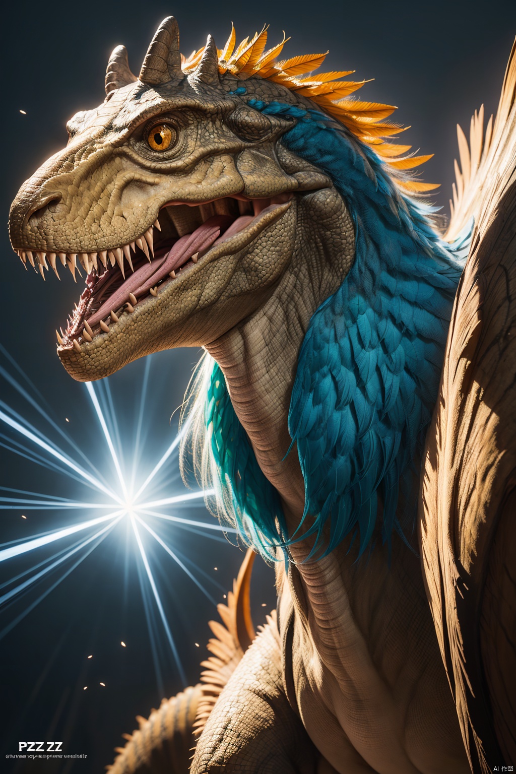 （Dinosaurs）, T. rex, Jurassic, huge body, eyes of vertical line pupils, blue-green feathers covering upper body and tail, sides, strong tail strike, attack state, sharp claws, , a sense of solitude, petals,Surrealistic imagery, dreamlike atmosphere, vibrant and contrasting colors, intricate and detailed elements,(Tyndall effect:1.2),((Best quality)),((Best quality)),((realistic)),((exterior view)),photo realistic,(masterpiece),orante,super detailed,intricate,photo like image quality, future, Indo, pz