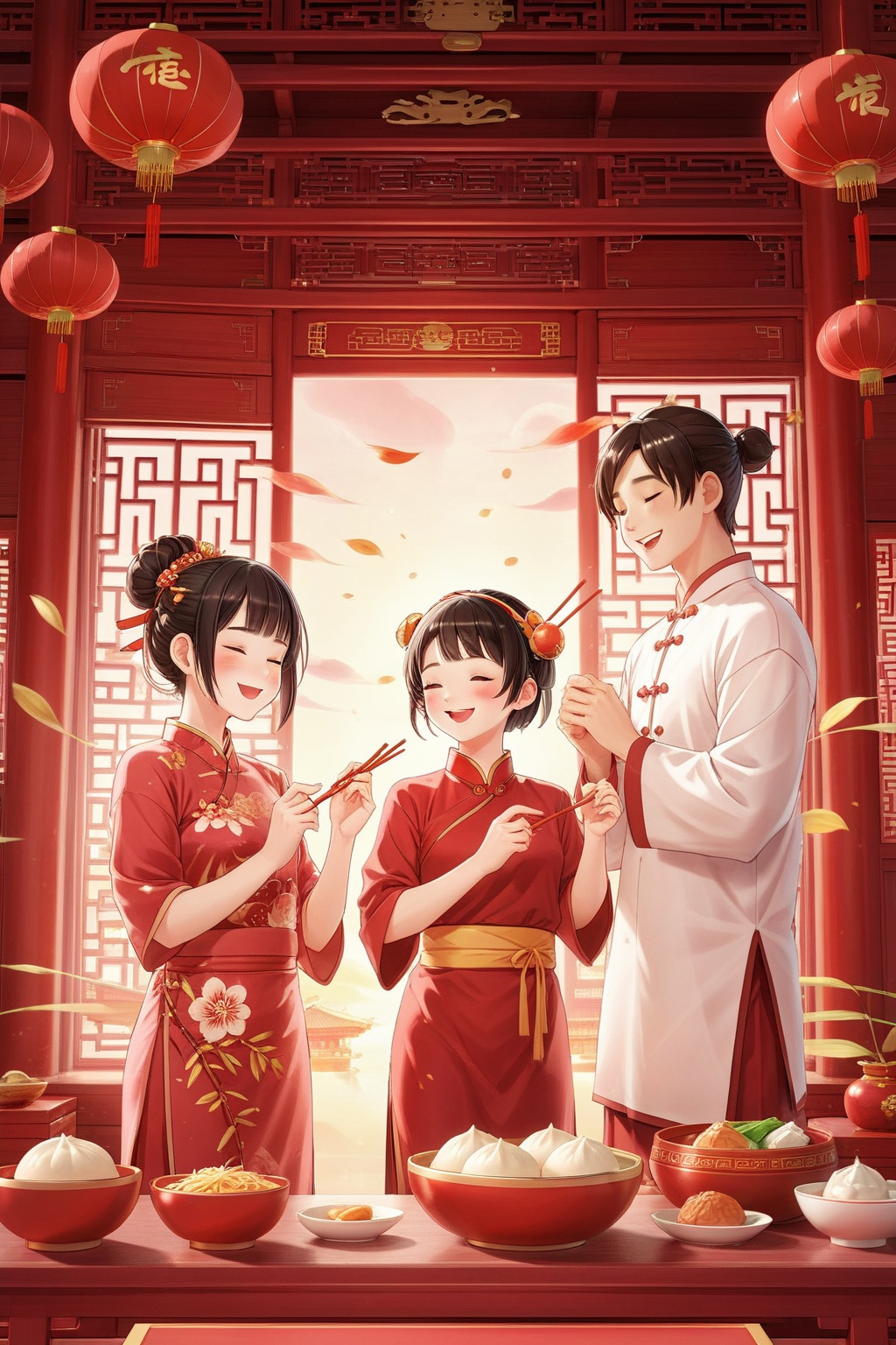 chinese new year,  1girl,  blush,  smile,  short hair,  open mouth,  bangs,  brown hair,  black hair,  1boy,  holding,  brown eyes,  closed eyes,  short sleeves,  food,  indoors,  hair bun,  window,  chinese clothes,  red dress,  single hair bun,  red shirt,  china dress,  bowl,  chopsticks,  holding chopsticks,  baozi,  bamboo steamer,  lattice,  dumpling,<lora:新春国风XL大模型:0.8>,