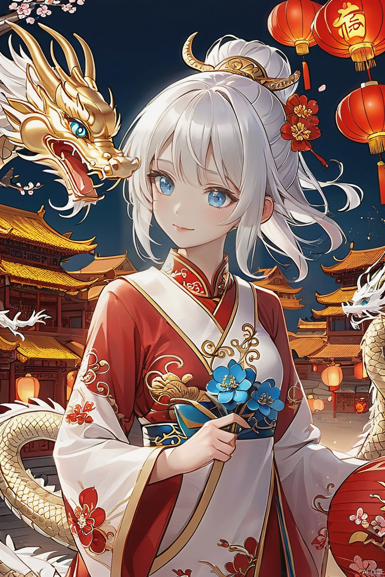  nai3,1girl,white hair,blue eyes,hair flowers,chinese clothes, eastern dragon,chinese new year,lantern, tqj-hd, chinese new year