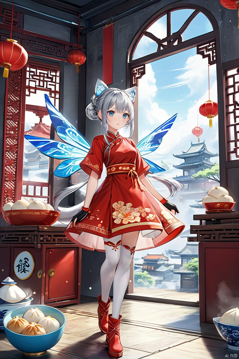  (masterpiece:1.2), best quality, (hyperdetailed, highest detailed:1.2), high resolution textures,female, futuristic, silver hair, twin tails, cat ears, blue eyes, mechanical wings,  full-body pose,  knee-high boots, fingerless gloves, (silver_hair:1.1),colorful,(splash_art:1.2),scenery,chinese new year,food, indoors, hair bun, window, chinese clothes, red dress, single hair bun, red shirt, china dress, bowl, chopsticks, holding chopsticks, baozi, bamboo steamer, lattice,dumpling,