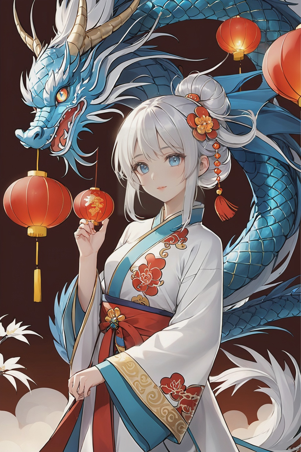  nai3,1girl,white hair,blue eyes,hair flowers,chinese clothes, eastern dragon,chinese new year,lantern, tqj-hd, chinese new year