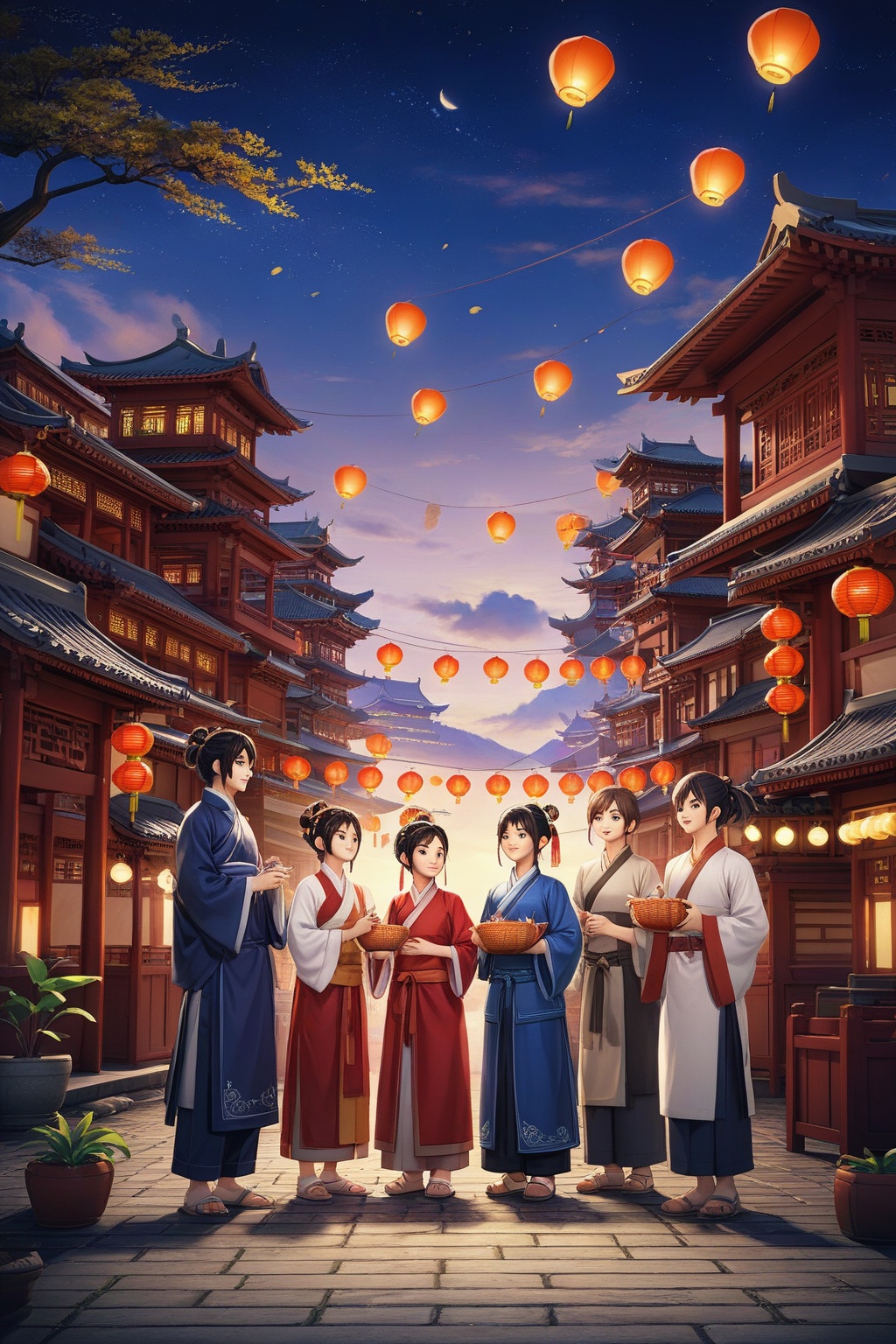 lantern,east asian architecture,multiple girls,architecture,standing,multiple boys,paper lantern,tree,black hair,holding,outdoors,hair bun,scenery,looking at another,basket,chinese clothes,single hair bun,long sleeves,smile,food,bowl,short hair,old,6+boys,long hair,hair ornament,plant,wide sleeves,<lora:xinchunchahua-000010:0.7>,masterpiece,best quality,highres,8k uhd,<lora:新春国风XL大模型:0.8>,