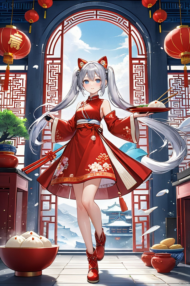  (masterpiece:1.2), best quality, (hyperdetailed, highest detailed:1.2), high resolution textures,female, futuristic, silver hair, twin tails, cat ears, blue eyes, mechanical wings,  full-body pose,  knee-high boots, fingerless gloves, (silver_hair:1.1),colorful,(splash_art:1.2),scenery,chinese new year,food, indoors, hair bun, window, chinese clothes, red dress, single hair bun, red shirt, china dress, bowl, chopsticks, holding chopsticks, baozi, bamboo steamer, lattice,dumpling,