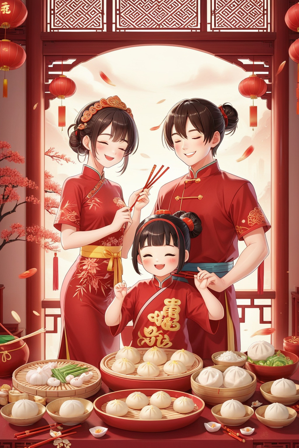 chinese new year,  1girl,  blush,  smile,  short hair,  open mouth,  bangs,  brown hair,  black hair,  1boy,  holding,  brown eyes,  closed eyes,  short sleeves,  food,  indoors,  hair bun,  window,  chinese clothes,  red dress,  single hair bun,  red shirt,  china dress,  bowl,  chopsticks,  holding chopsticks,  baozi,  bamboo steamer,  lattice,  dumpling,<lora:新春国风XL大模型:0.8>,