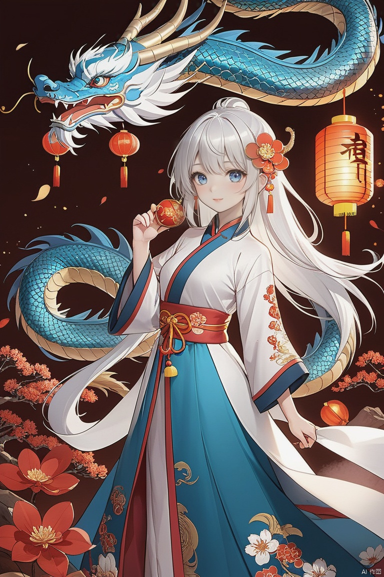  nai3,1girl,white hair,blue eyes,hair flowers,chinese clothes, eastern dragon,chinese new year,lantern, tqj-hd, chinese new year