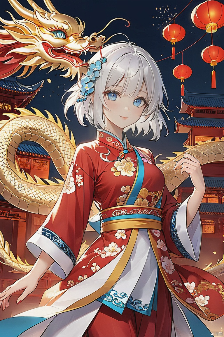  nai3,1girl,white hair,blue eyes,hair flowers,chinese clothes, eastern dragon,chinese new year,lantern, tqj-hd, chinese new year