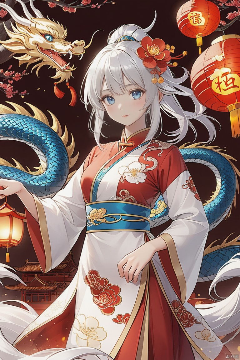  nai3,1girl,white hair,blue eyes,hair flowers,chinese clothes, eastern dragon,chinese new year,lantern, tqj-hd, chinese new year