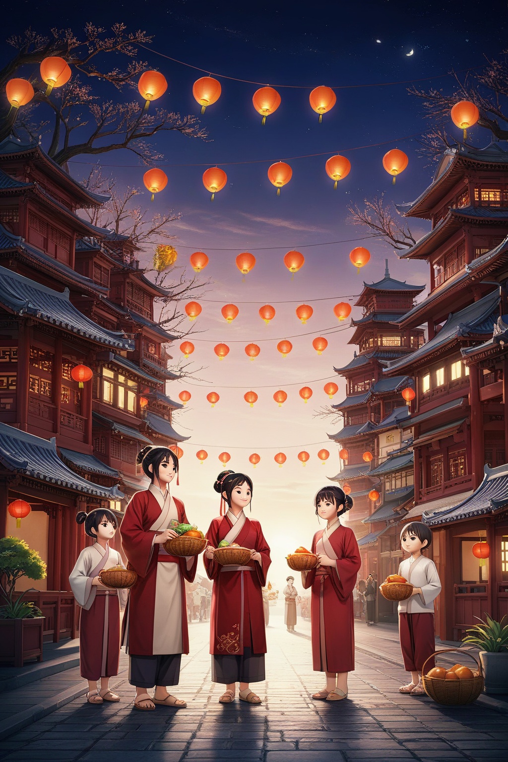 lantern,east asian architecture,multiple girls,architecture,standing,multiple boys,paper lantern,tree,black hair,holding,outdoors,hair bun,scenery,looking at another,basket,chinese clothes,single hair bun,long sleeves,smile,food,bowl,short hair,old,6+boys,long hair,hair ornament,plant,wide sleeves,<lora:xinchunchahua-000010:0.7>,masterpiece,best quality,highres,8k uhd,<lora:新春国风XL大模型:0.8>,