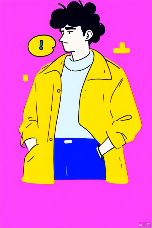 a man with mass hair,symbols,felt puzzled,bianping,wear yellow coat,pink background,text bubble