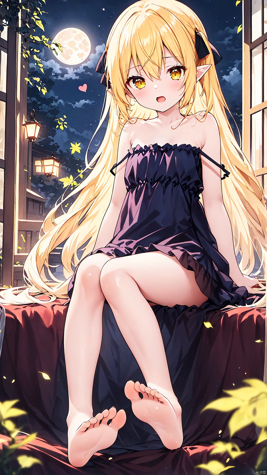  oshino shinobu, barefoot, blonde hair, long hair, solo, kiss-shot acerola-orion heart-under-blade, dress, feet, yellow eyes, moon, soles, looking at viewer, open mouth, sitting, toes, white dress, pointy ears, full moon, night, small breasts, breasts, bare shoulders, sky, blush, strap slip, vampire, ribbon, night sky, collarbone, foot focus, very long hair, window, depth of field, bangs, foreshortening, blurry, black ribbon