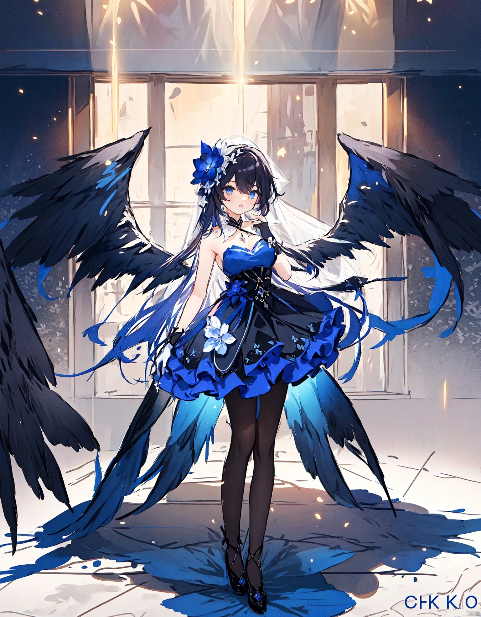  (masterpiece, extremely detailed 8k wallpaper,best quality), (best illumination, best shadow, extremely delicate and beautiful), floating, finely detail, Depth of field (bloom), (shine), glinting stars,classic, (illustration), (sketch),(panorama),detailed eyes,perfect face,full body,
1girl, long hair, dress, black dress, flower, blue eyes, solo, very long hair, breasts, black flower, black hair, hair ornament, black pantyhose, pantyhose, rose, white hair, strapless dress, wings, veil, gloves, frills, hair flower, bangs, multicolored hair, frilled dress, looking at viewer, two-tone hair, black wings, artist name