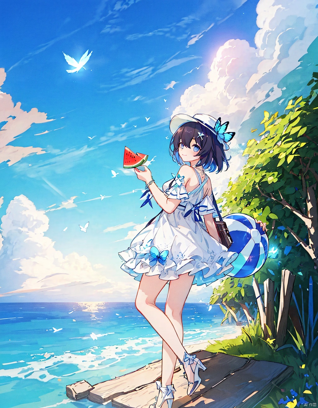 (masterpiece, extremely detailed 8k wallpaper,best quality), (best illumination, best shadow, extremely delicate and beautiful), floating, finely detail, Depth of field (bloom), (shine), glinting stars,classic, (illustration), (sketch),(panorama),detailed eyes,perfect face,full body,
seele vollerei, 1girl, dress, smile, solo, outdoors, blue hair, sky, white dress, hat, butterfly, food, blue eyes, watermelon, looking at viewer, cloud, ball, blue sky, bug, bangs, beachball, short hair, cloudy sky, summer, closed mouth, white footwear, bird, holding, white headwear, blue butterfly, fruit, hair between eyes, bare shoulders, beach, suitcase, sundress