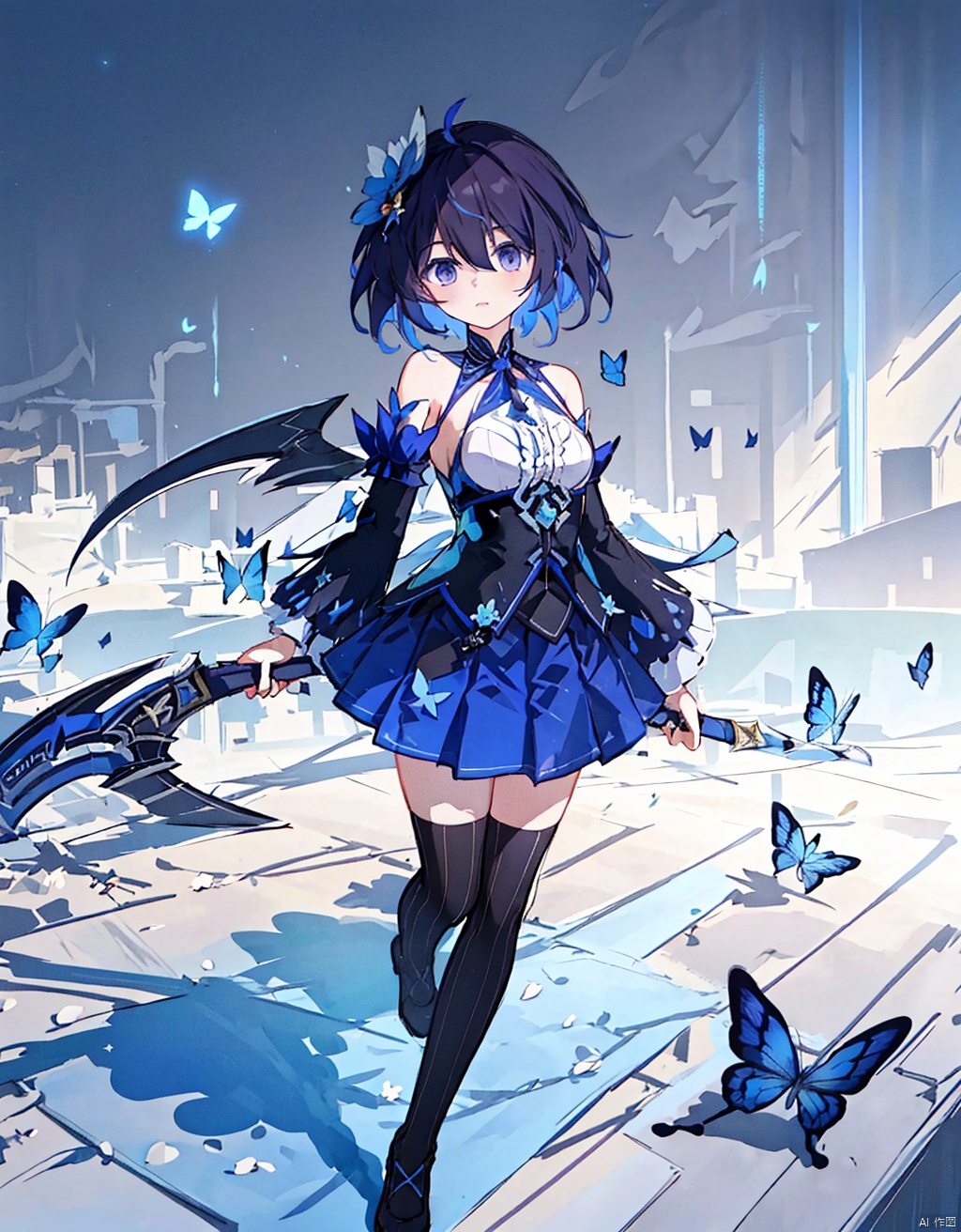  (masterpiece, extremely detailed 8k wallpaper,best quality), (best illumination, best shadow, extremely delicate and beautiful), floating, finely detail, Depth of field (bloom), (shine), glinting stars,classic, (illustration), (sketch),(panorama),detailed eyes,perfect face,full body,
1girl, seele vollerei, scythe, solo, butterfly, bug, blue eyes, blue hair, thighhighs, bare shoulders, hair ornament, skirt, weapon, blue butterfly, looking at viewer, purple thighhighs, short hair, bangs, detached sleeves, hair between eyes, holding