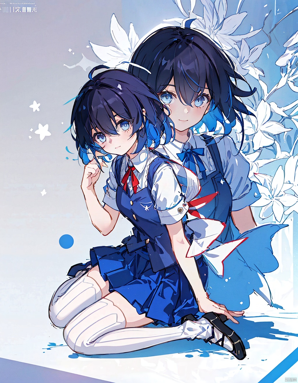  (masterpiece, extremely detailed 8k wallpaper,best quality), (best illumination, best shadow, extremely delicate and beautiful), floating, finely detail, Depth of field (bloom), (shine), glinting stars,classic, (illustration), (sketch),(panorama),
detailed eyes,perfect face,full body,
1girl, seele vollerei, full body, solo, blue eyes, thighhighs, bangs, white background, simple background, smile, closed mouth, looking at viewer, blue hair, white thighhighs, short hair, black footwear, short sleeves, vest, skirt, hair between eyes, white shirt, blue vest, shirt, seele